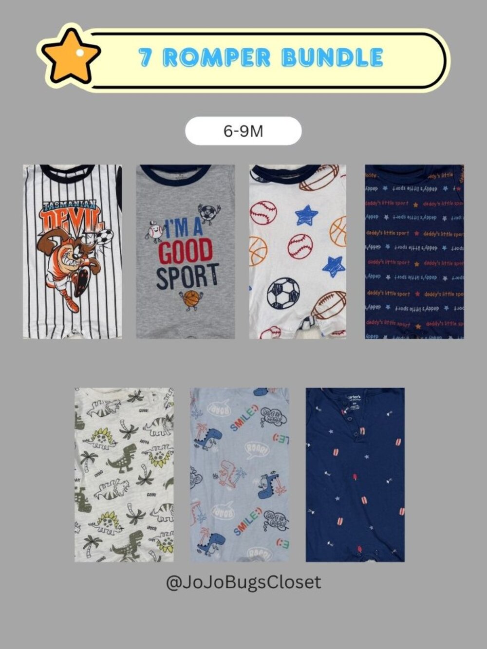 7 Baby Boy Short Rompers | 6-9M/9M Bundle | Sports, Dino & Summer Themes